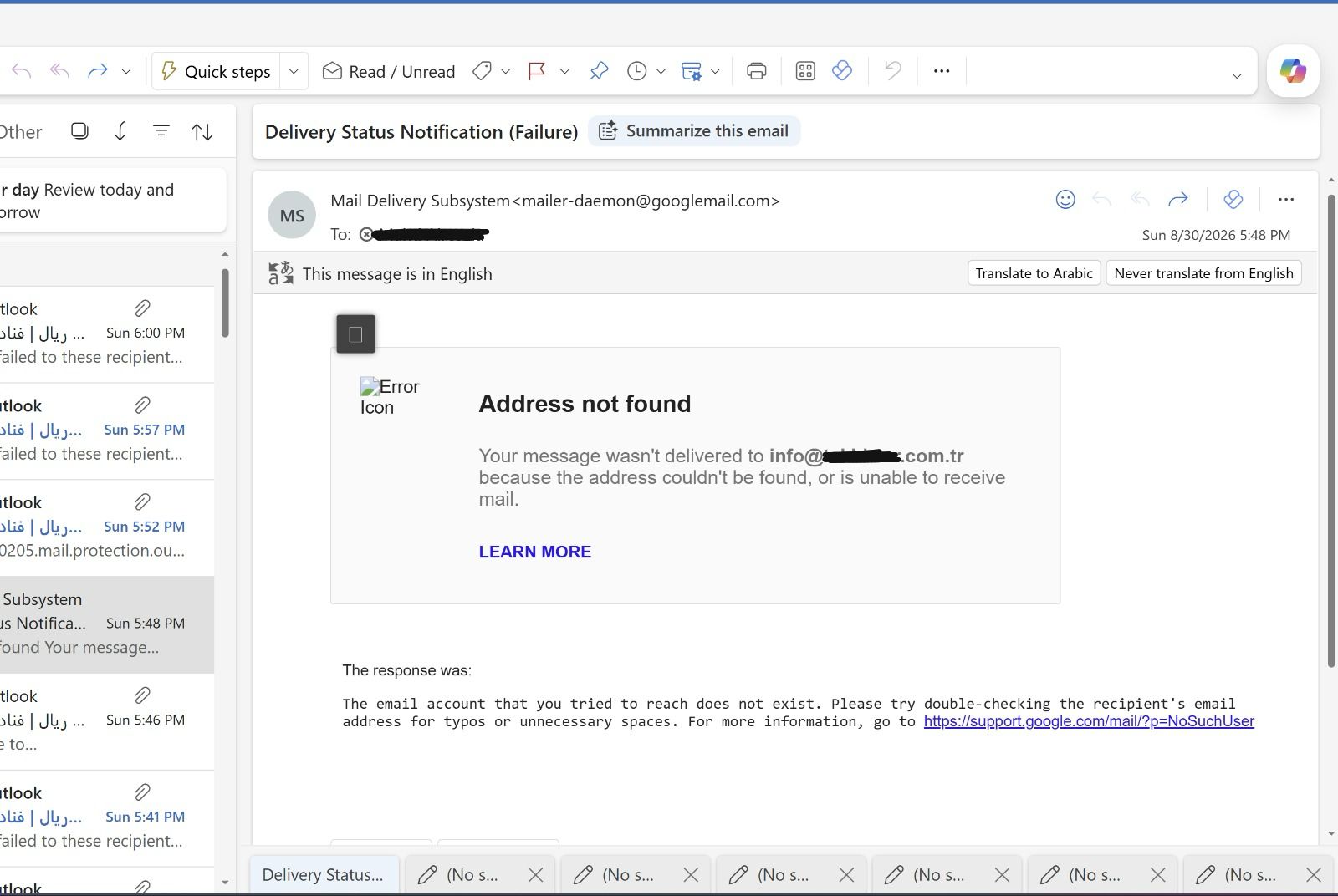 Address not found delivery status notification