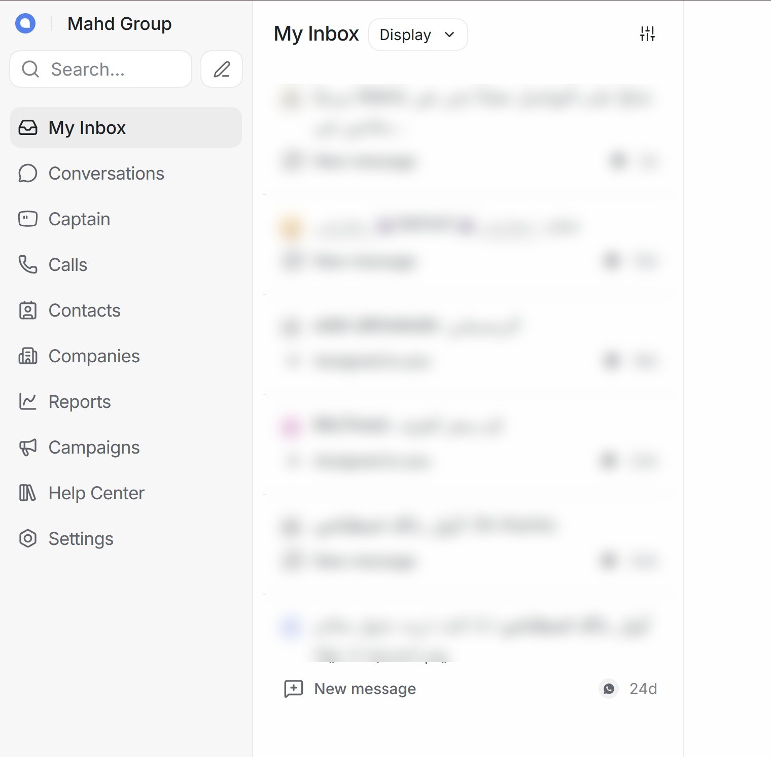 Chatwoot centralized inbox with customer details redacted